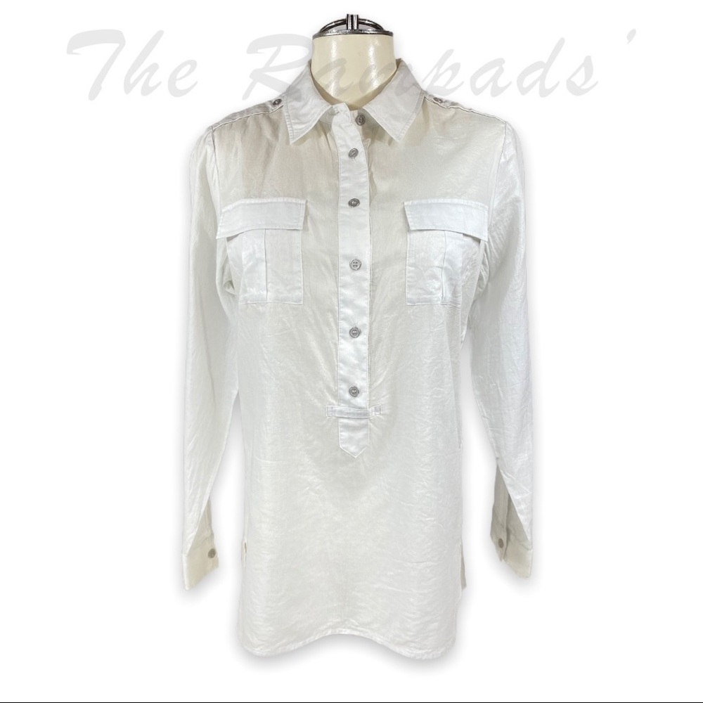 Chico’s Pearly Metallic White Pocket Button-down Long-sleeve T-shirt Siz…